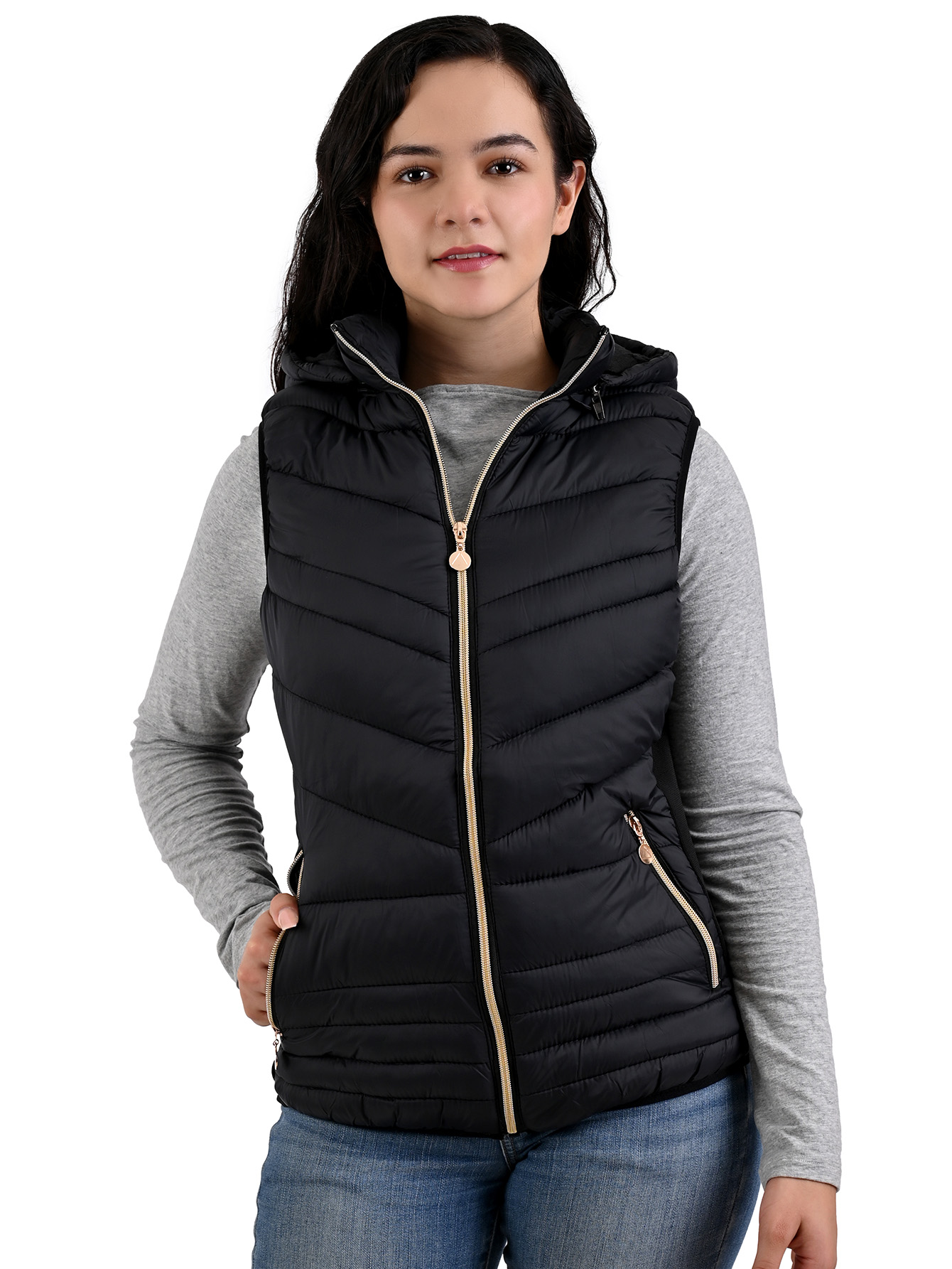 Foto 2 pulgar | Chaleco Capitonado Afelpado Cardigan Capucha Removible Negro