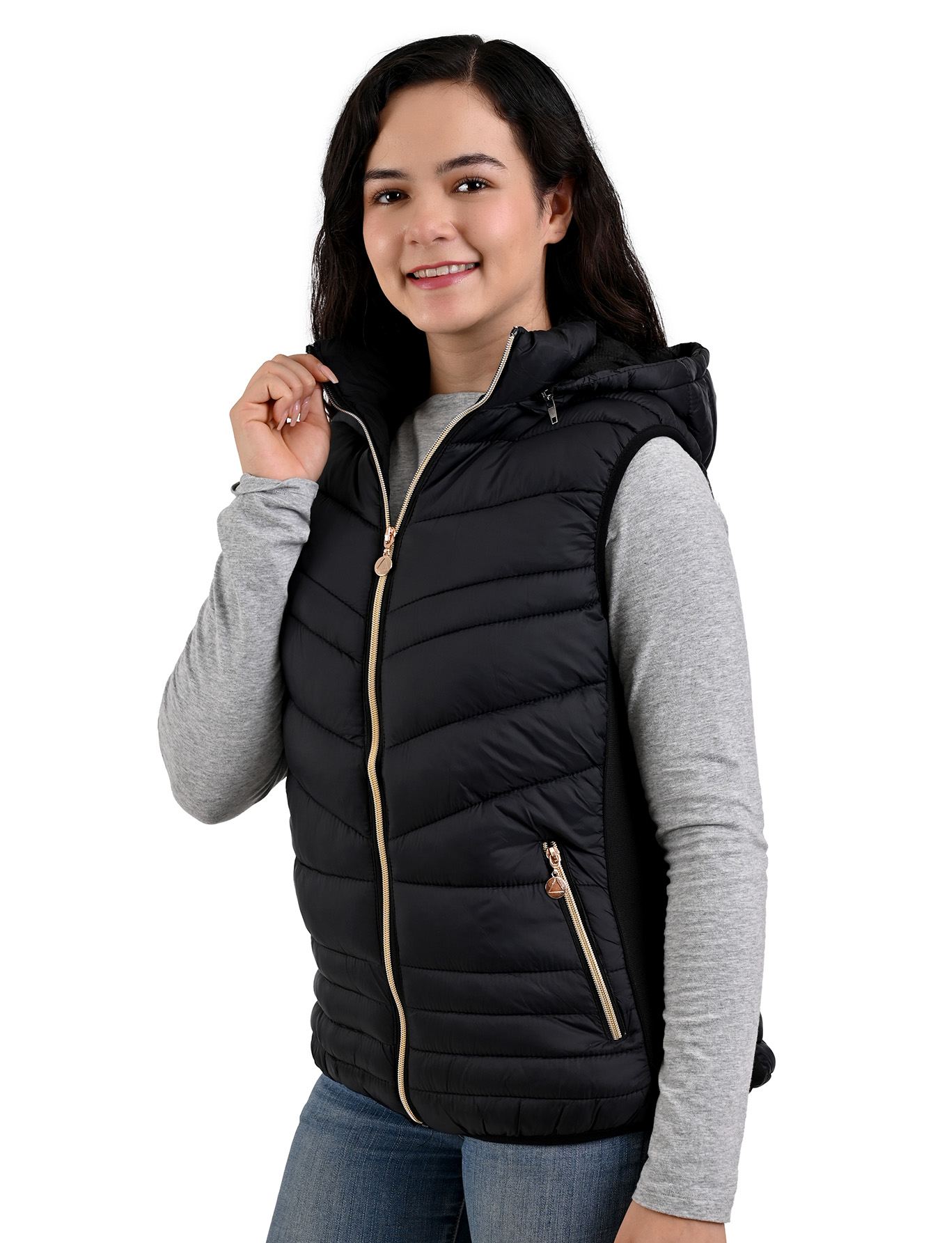 Foto 4 pulgar | Chaleco Capitonado Afelpado Cardigan Capucha Removible Negro