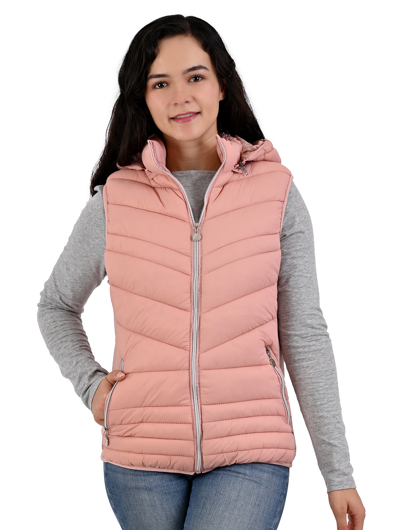 Chaleco Capitonado Afelpado Cardigan Capucha Removible Rosa $319