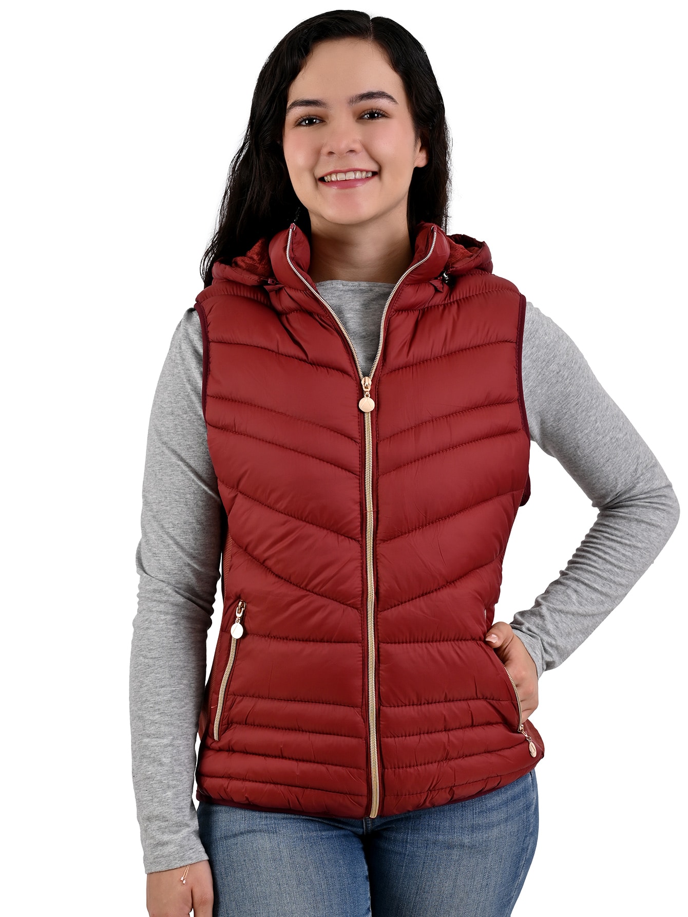 Chaleco Capitonado Afelpado Cardigan Capucha Removible Vino $319