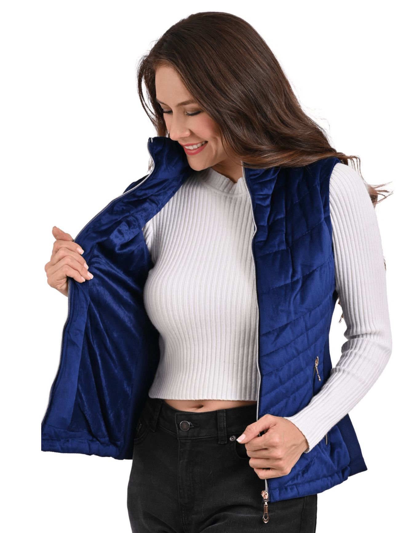 Foto 4 pulgar | Chaleco Afelpado Para Mujer Cardigan Aterciopelado Tipo Velur Azul Marino