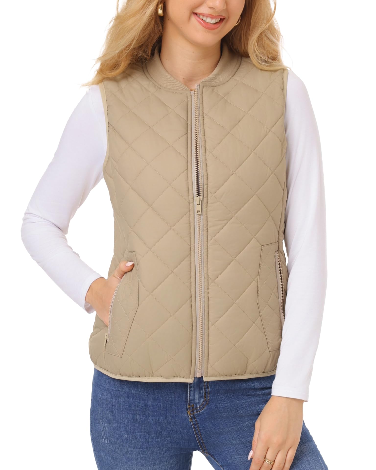 Foto 2 pulgar | Chaleco Acolchado Fuinloth Para Mujer, Cuello Acanalado, Ligero, Color Caqui - Venta Internacional.