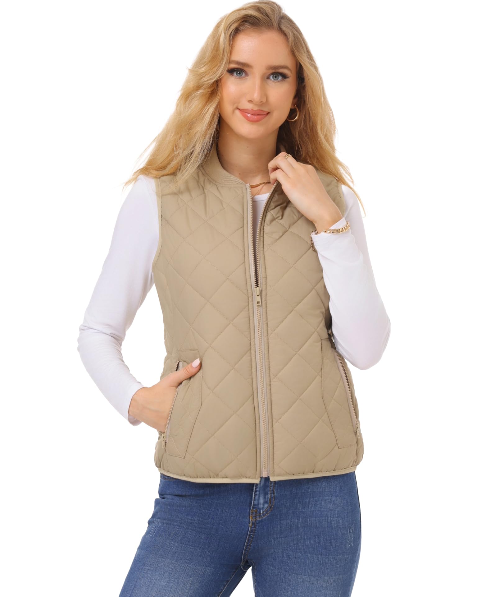 Foto 3 pulgar | Chaleco Acolchado Fuinloth Para Mujer, Cuello Acanalado, Ligero, Color Caqui - Venta Internacional.