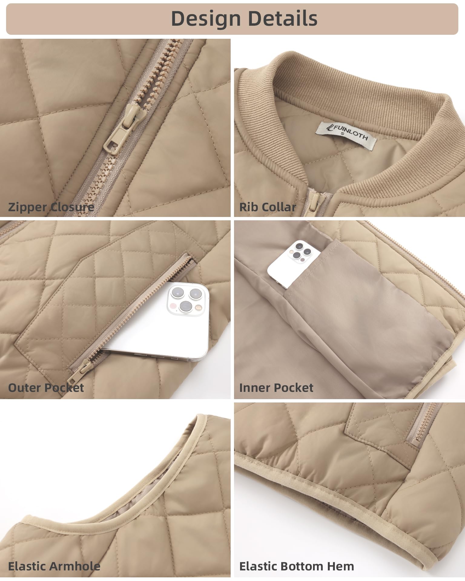Foto 4 | Chaleco Acolchado Fuinloth Para Mujer, Cuello Acanalado, Ligero, Color Caqui - Venta Internacional.