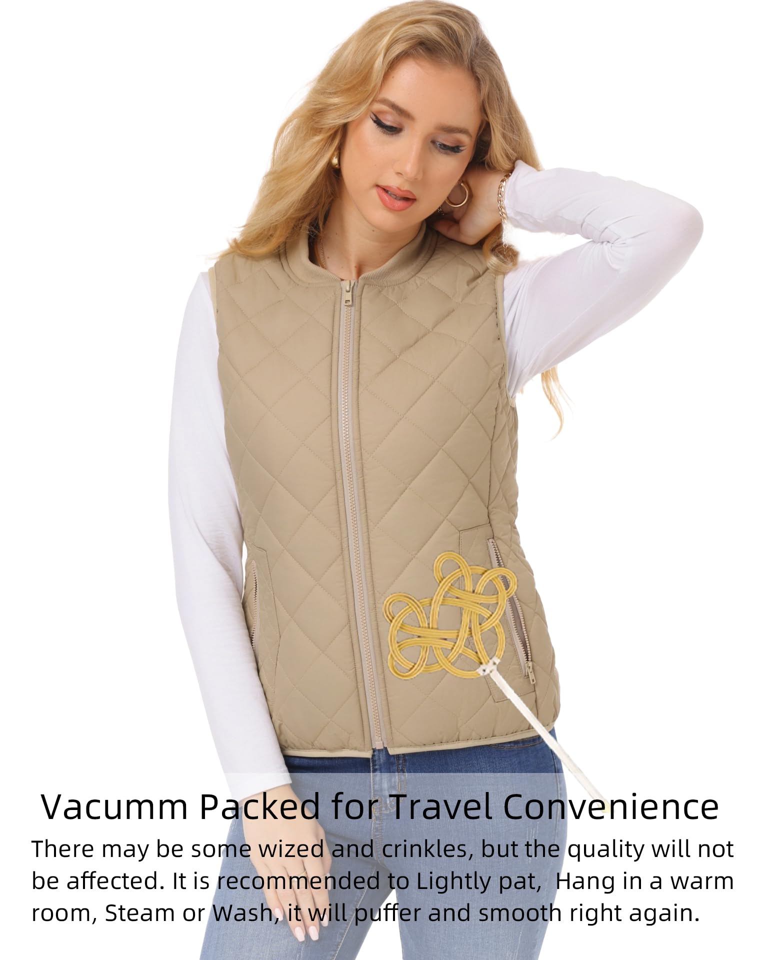 Foto 5 | Chaleco Acolchado Fuinloth Para Mujer, Cuello Acanalado, Ligero, Color Caqui - Venta Internacional.