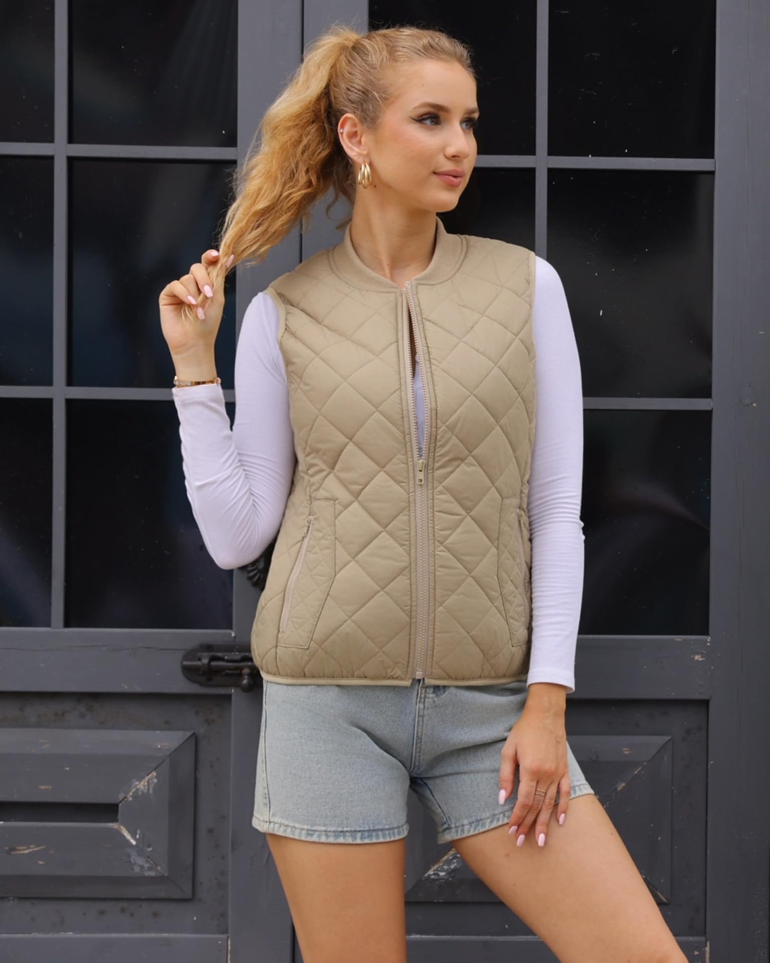 Foto 7 pulgar | Chaleco Acolchado Fuinloth Para Mujer, Cuello Acanalado, Ligero, Color Caqui - Venta Internacional.