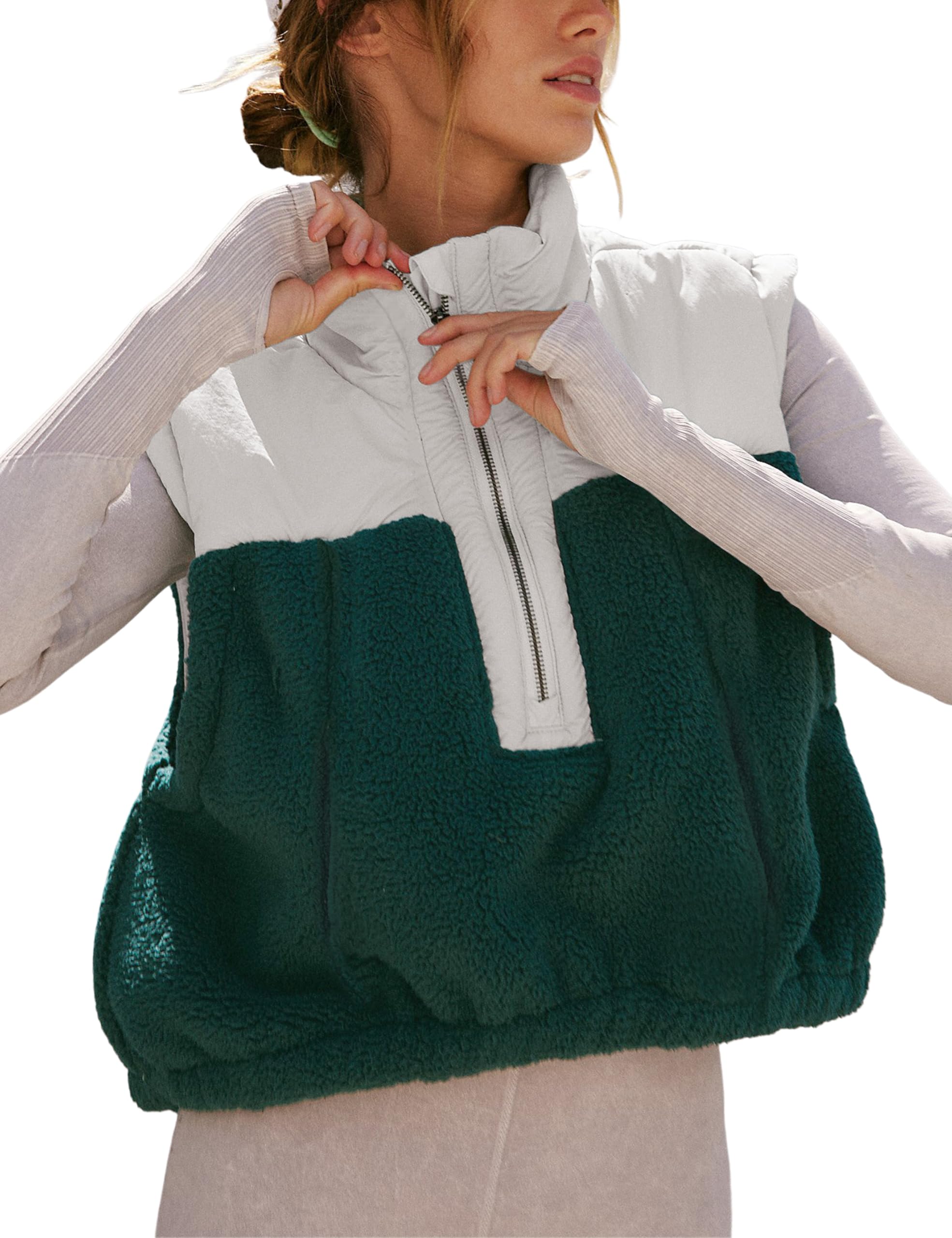 Foto 2 pulgar | Chaleco Yeokou Para Mujer, Forro Polar Sherpa, Corto, Cálido, Verde Oscuro, Talla Xl - Venta Internacional.