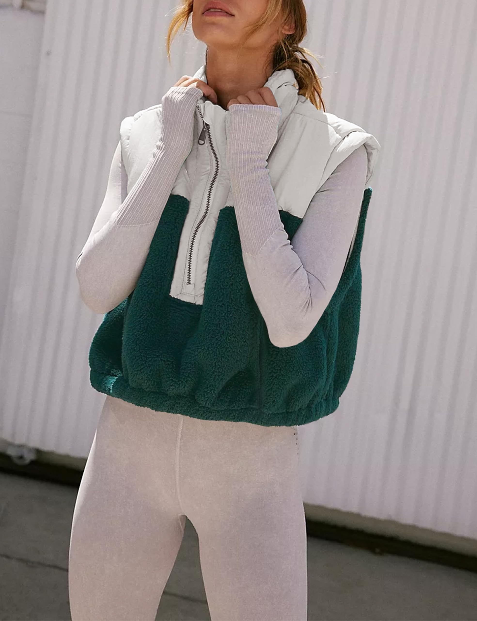 Foto 5 pulgar | Chaleco Yeokou Para Mujer, Forro Polar Sherpa, Corto, Cálido, Verde Oscuro, Talla Xl - Venta Internacional.