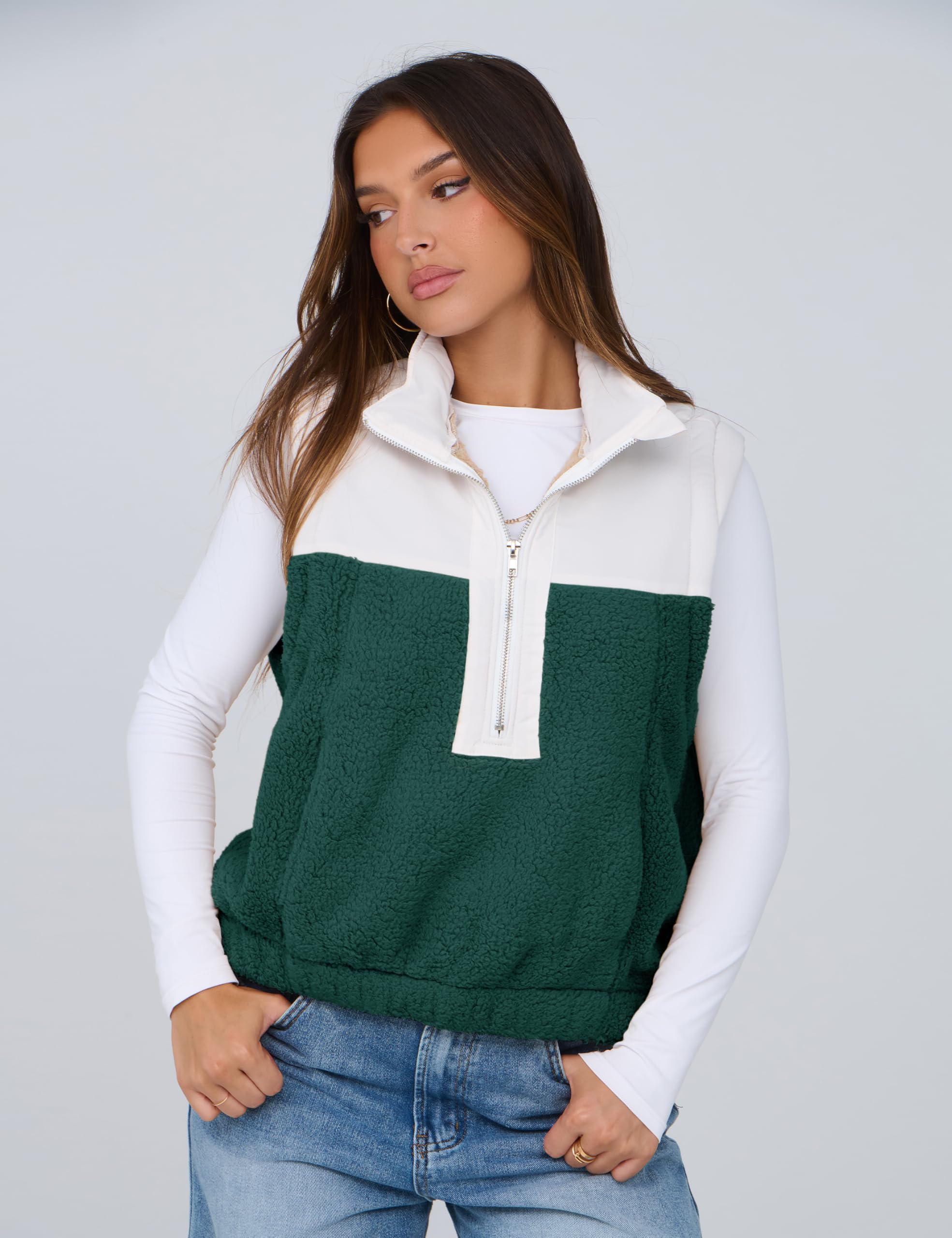 Foto 7 pulgar | Chaleco Yeokou Para Mujer, Forro Polar Sherpa, Corto, Cálido, Verde Oscuro, Talla Xl - Venta Internacional.