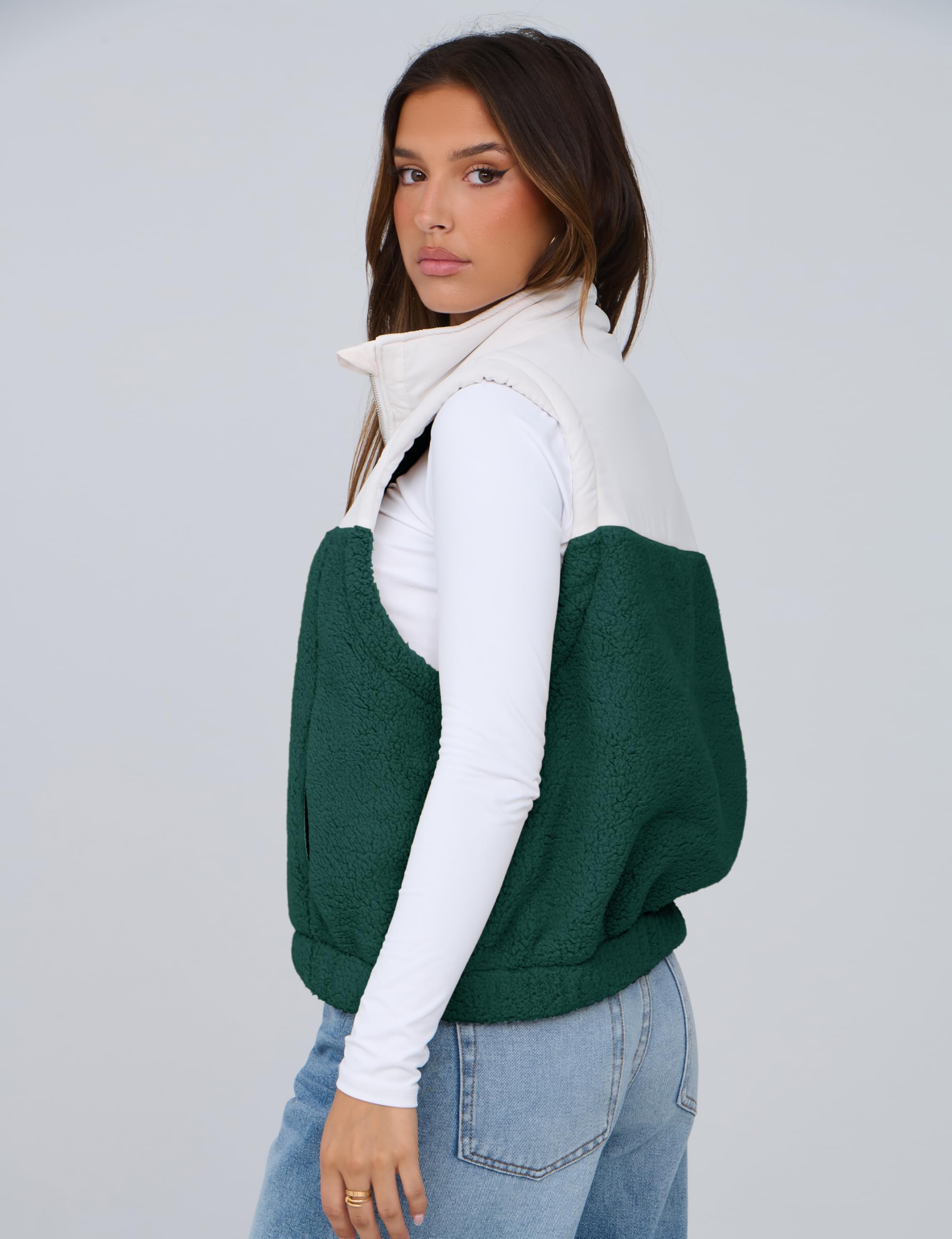 Foto 8 pulgar | Chaleco Yeokou Para Mujer, Forro Polar Sherpa, Corto, Cálido, Verde Oscuro, Talla Xl - Venta Internacional.