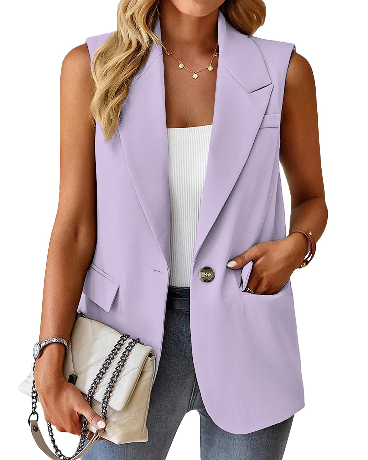 Foto 3 pulgar | Chaleco Blazer Mina Self Purple Sin Mangas Para Mujer, Poliéster - Venta Internacional.