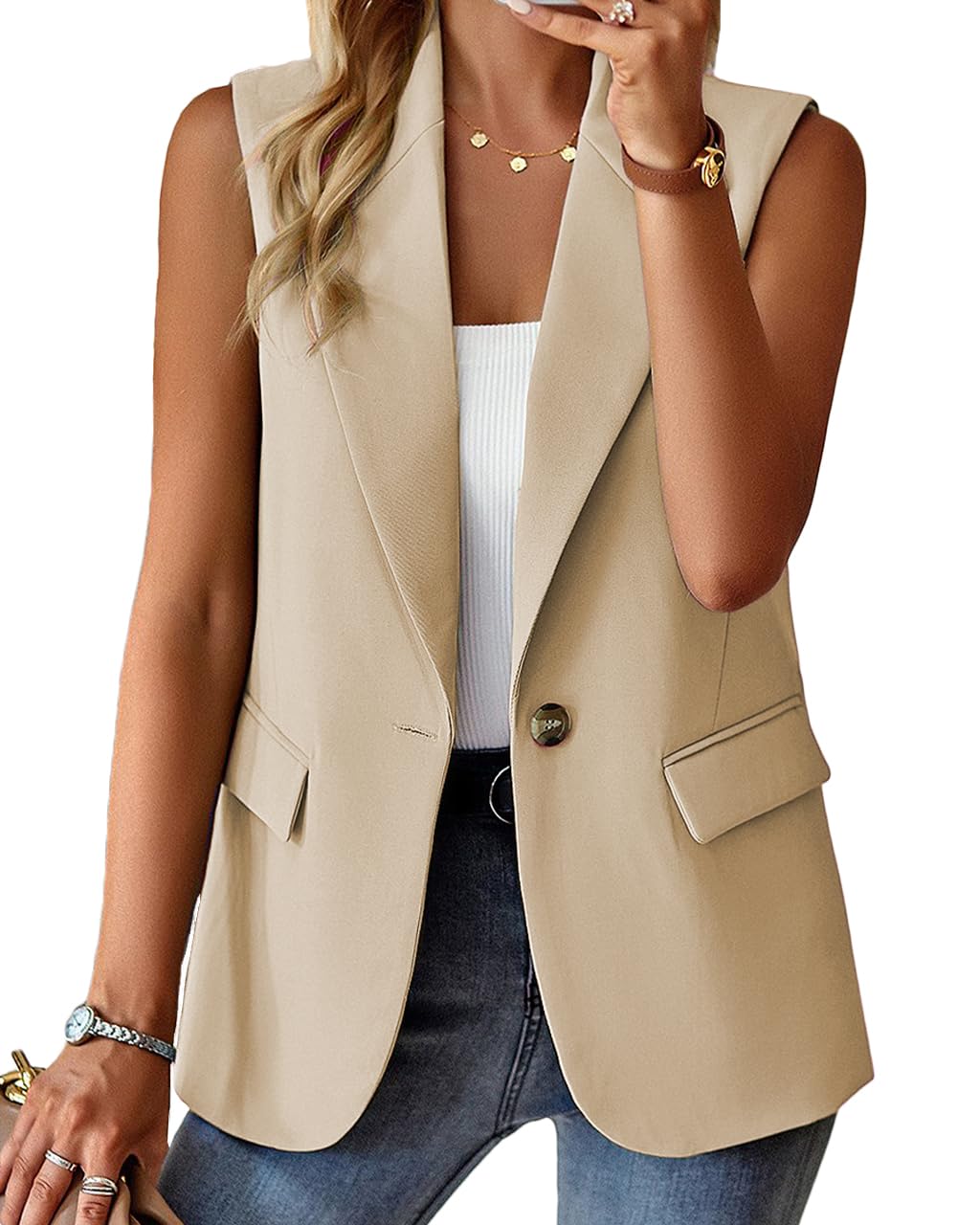 Foto 2 pulgar | Chaleco Mina Self Blazer Largo Sin Mangas Para Mujer Beige S - Venta Internacional.