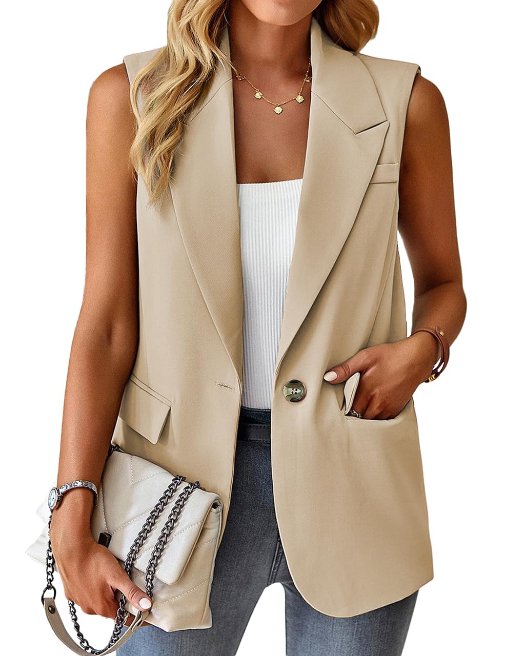 Foto 3 pulgar | Chaleco Mina Self Blazer Largo Sin Mangas Para Mujer Beige S - Venta Internacional.