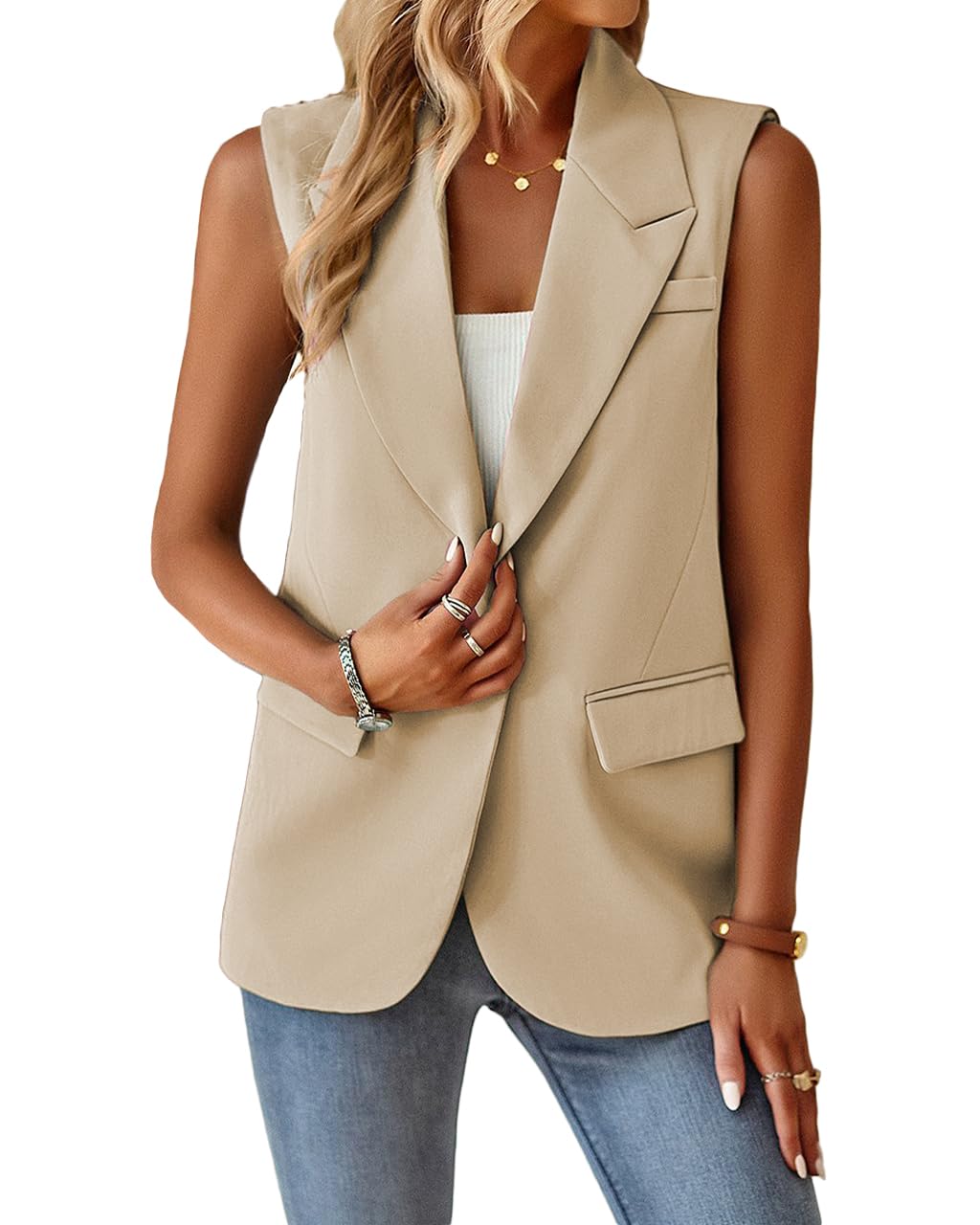 Foto 4 pulgar | Chaleco Mina Self Blazer Largo Sin Mangas Para Mujer Beige S - Venta Internacional.