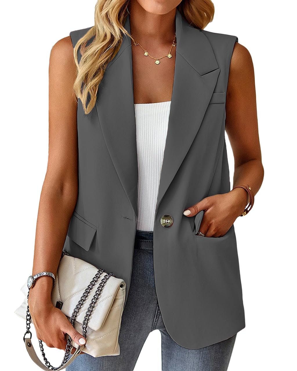 Foto 3 pulgar | Chaleco Blazer Mina Self De Poliéster Gris Para Mujer - Venta Internacional.