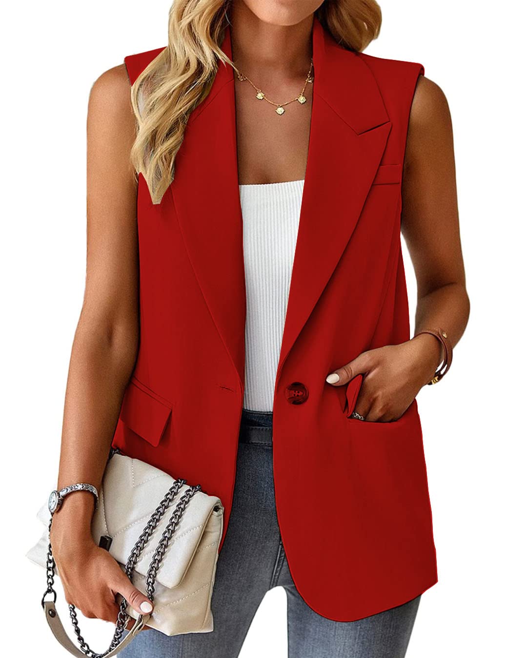 Foto 3 pulgar | Chaleco Blazer Mina Self Rojo Sin Mangas Para Mujer De Poliéster - Venta Internacional.