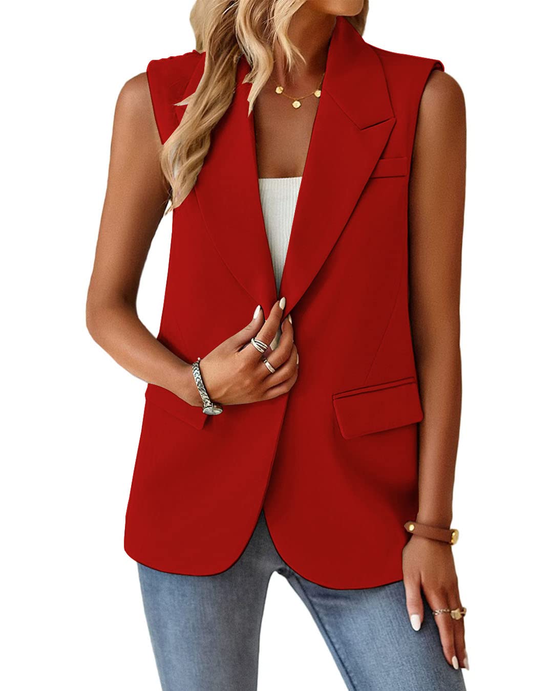 Foto 4 pulgar | Chaleco Blazer Mina Self Rojo Sin Mangas Para Mujer De Poliéster - Venta Internacional.