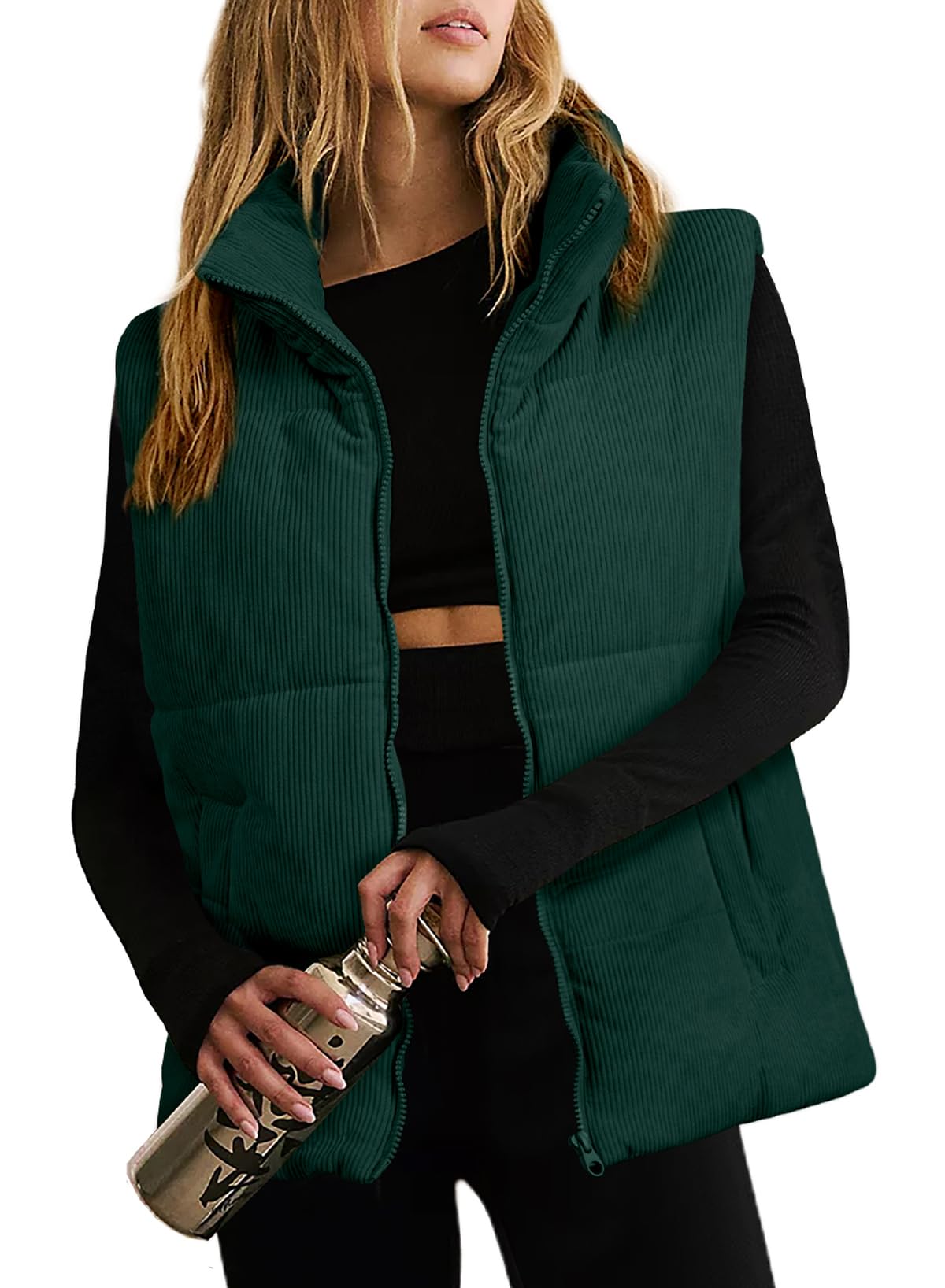 Foto 1 | Chaleco Acolchado Evaless Vintage Recortado De Pana Verde Para Mujer - Venta Internacional.