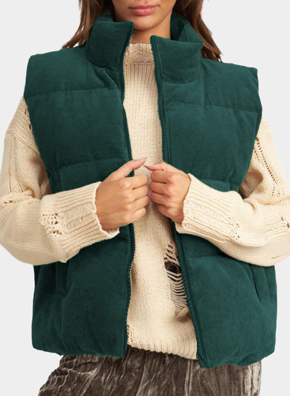 Foto 3 pulgar | Chaleco Acolchado Evaless Vintage Recortado De Pana Verde Para Mujer - Venta Internacional.
