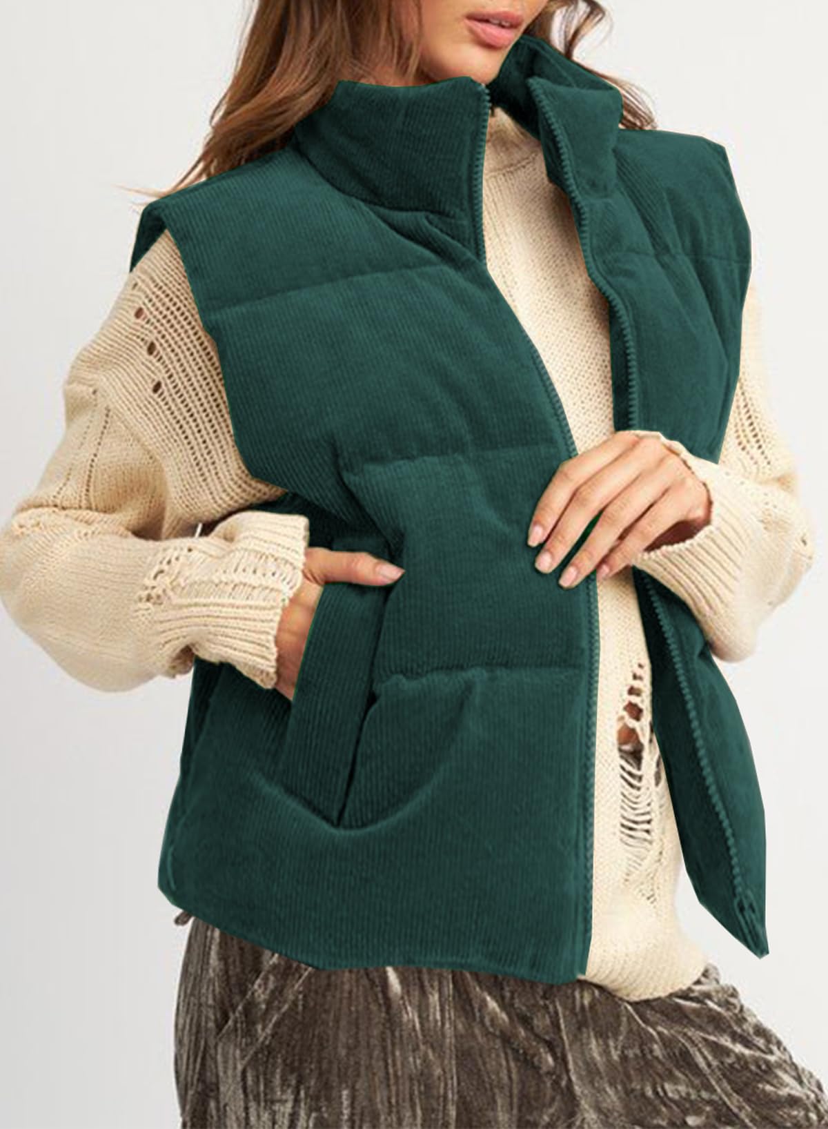 Foto 4 pulgar | Chaleco Acolchado Evaless Vintage Recortado De Pana Verde Para Mujer - Venta Internacional.