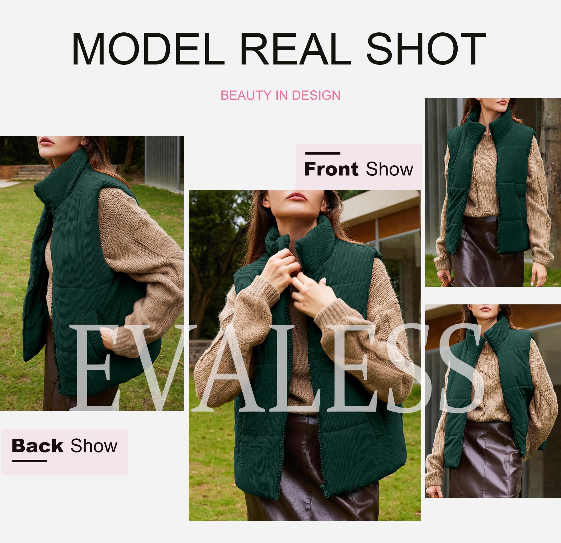 Foto 5 | Chaleco Acolchado Evaless Vintage Recortado De Pana Verde Para Mujer - Venta Internacional.