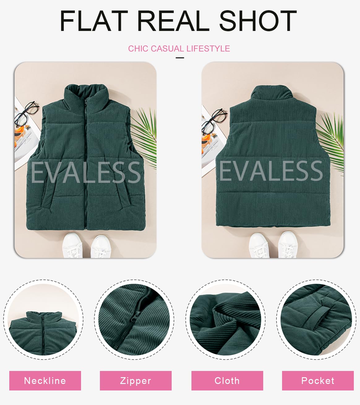 Foto 6 | Chaleco Acolchado Evaless Vintage Recortado De Pana Verde Para Mujer - Venta Internacional.