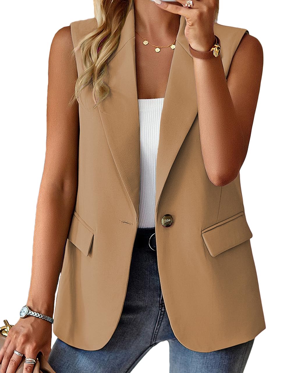 Foto 2 pulgar | Chaleco Blazer Mina Self Khaki Sin Mangas Para Mujer, Talla 2xl - Venta Internacional.
