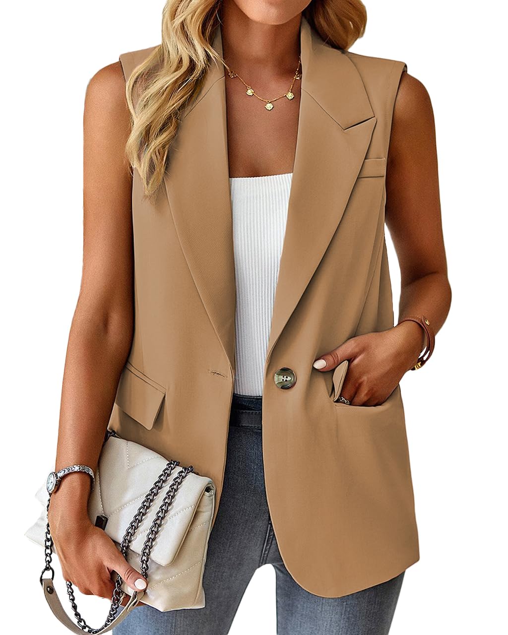 Foto 3 pulgar | Chaleco Blazer Mina Self Khaki Sin Mangas Para Mujer, Talla 2xl - Venta Internacional.
