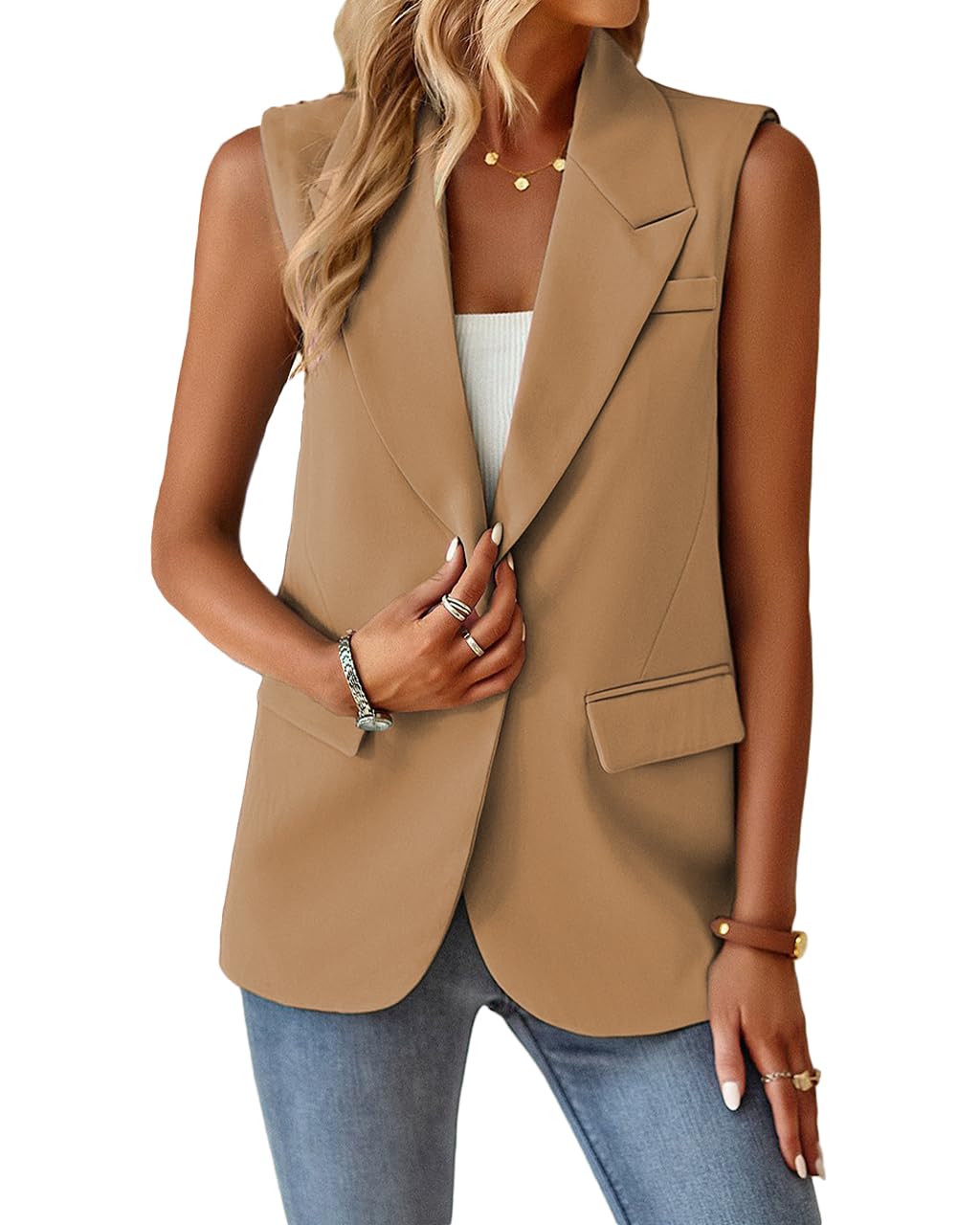 Foto 4 pulgar | Chaleco Blazer Mina Self Khaki Sin Mangas Para Mujer, Talla 2xl - Venta Internacional.