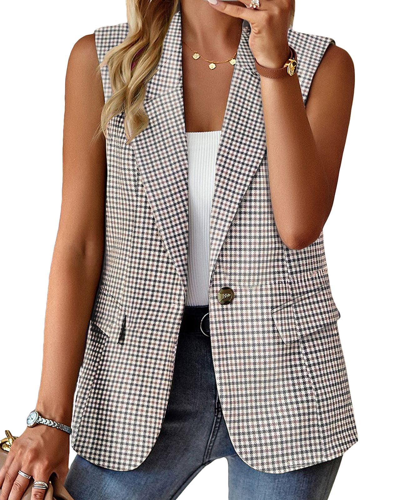 Foto 2 pulgar | Chaleco Blazer Mina Self Fall Plaid Pata De Gallo Bronceado Para Mujer - Venta Internacional.