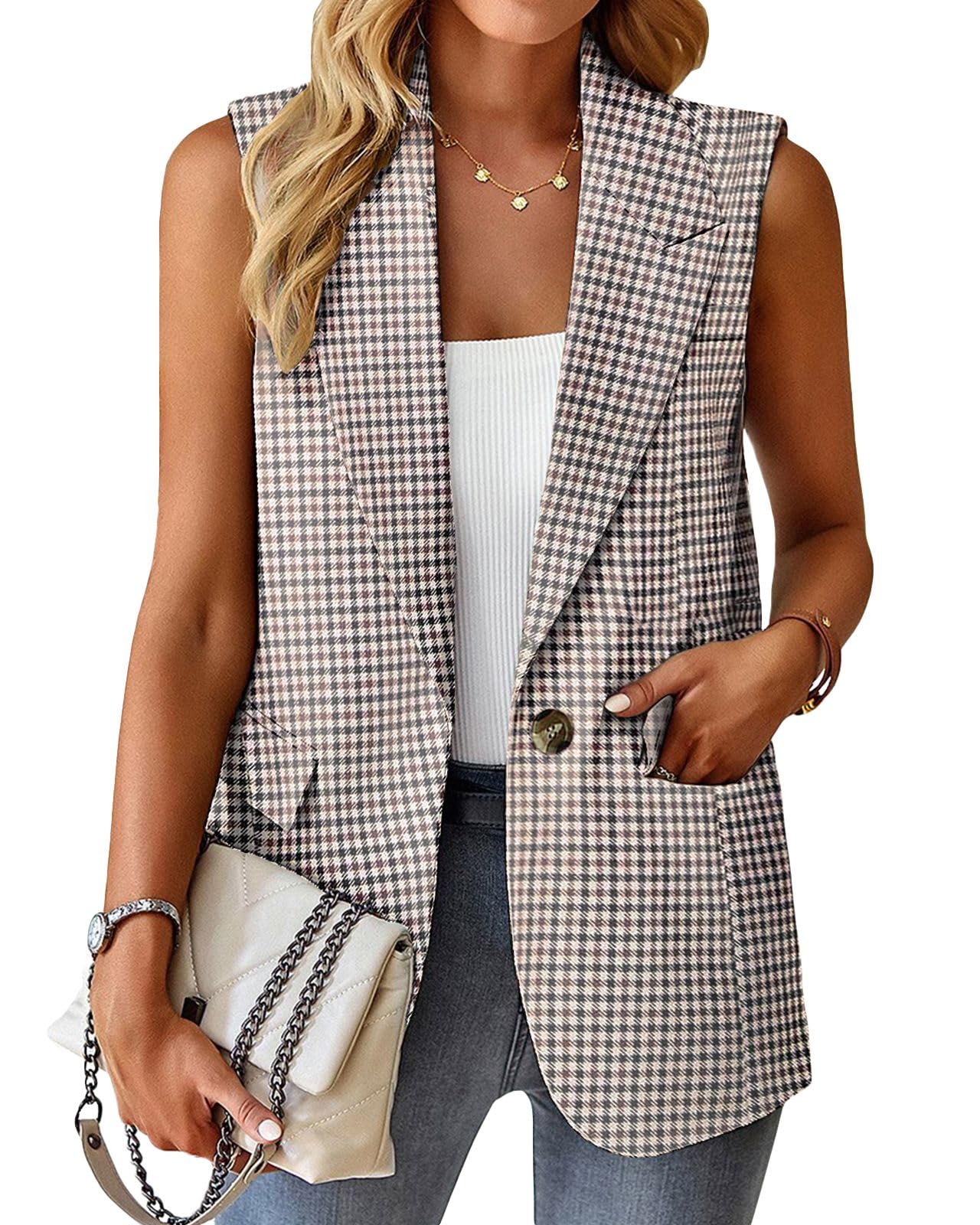 Foto 3 pulgar | Chaleco Blazer Mina Self Fall Plaid Pata De Gallo Bronceado Para Mujer - Venta Internacional.