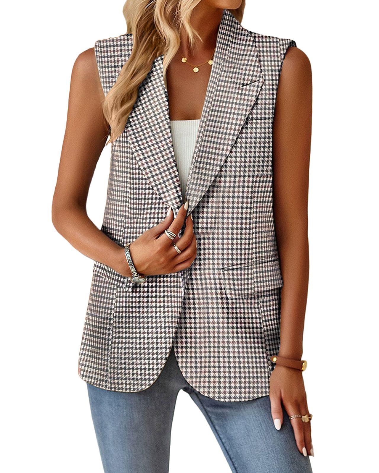 Foto 4 pulgar | Chaleco Blazer Mina Self Fall Plaid Pata De Gallo Bronceado Para Mujer - Venta Internacional.