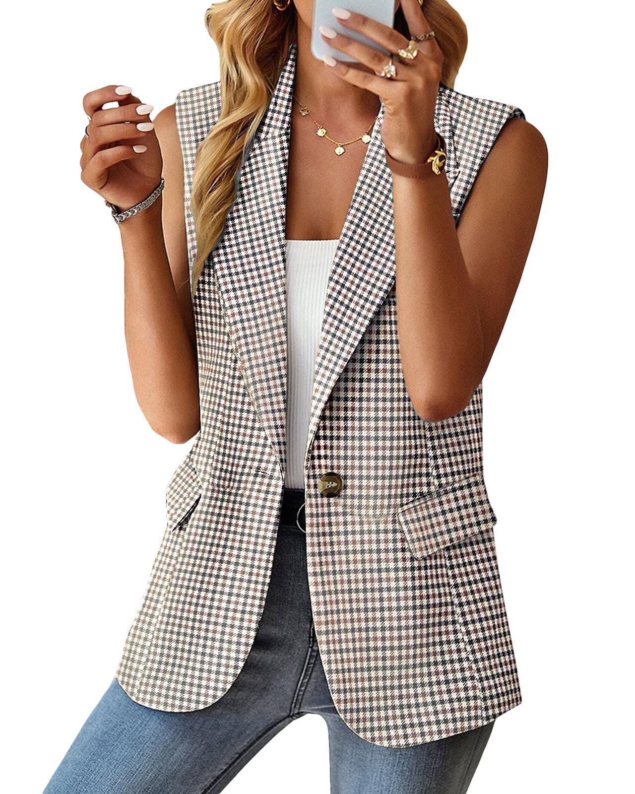 Foto 5 pulgar | Chaleco Blazer Mina Self Fall Plaid Pata De Gallo Bronceado Para Mujer - Venta Internacional.