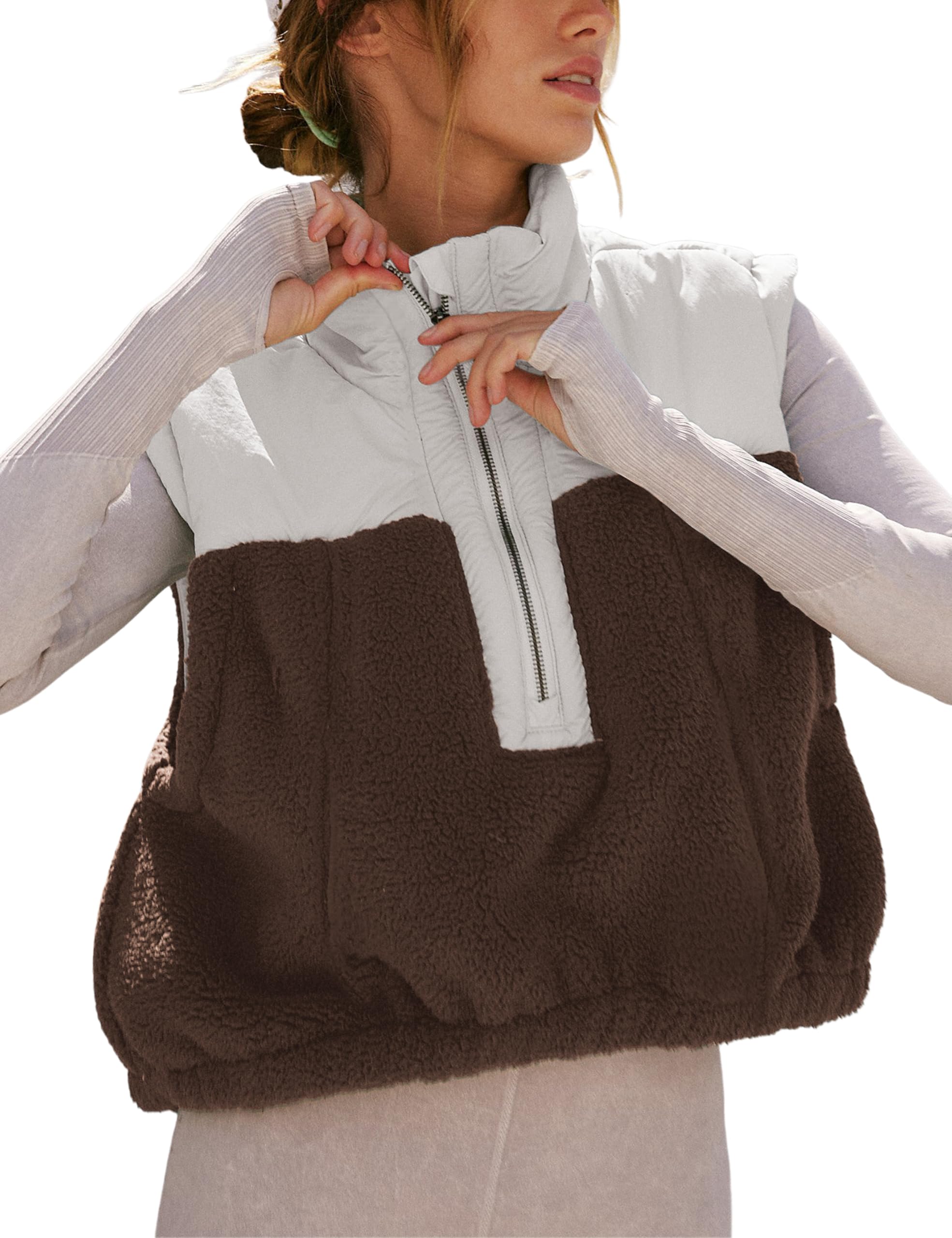 Foto 2 pulgar | Chaleco Yeokou Para Mujer, Forro Polar Sherpa, Corto, Sin Mangas, Color Marrón Xl - Venta Internacional.