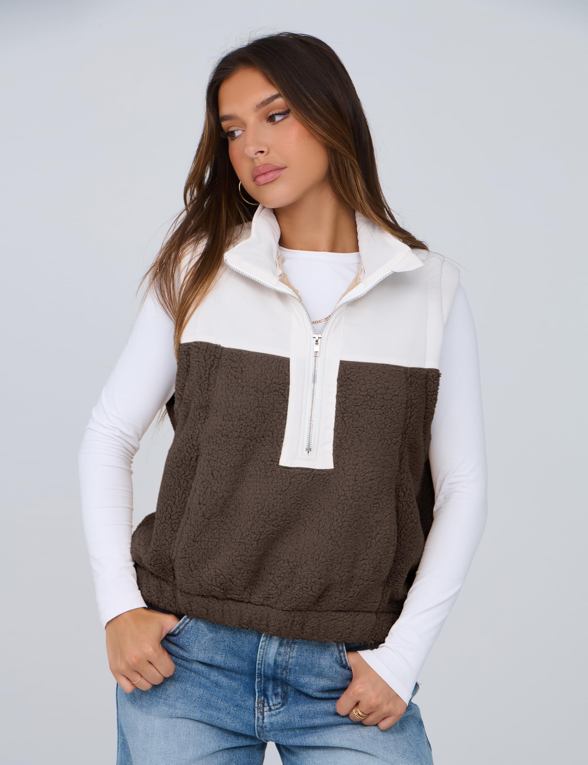 Foto 7 pulgar | Chaleco Yeokou Para Mujer, Forro Polar Sherpa, Corto, Sin Mangas, Color Marrón Xl - Venta Internacional.