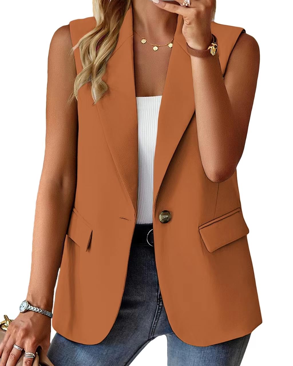Foto 2 pulgar | Chaleco Blazer Mina Self Naranja Sin Mangas Para Mujer De Verano - Venta Internacional.