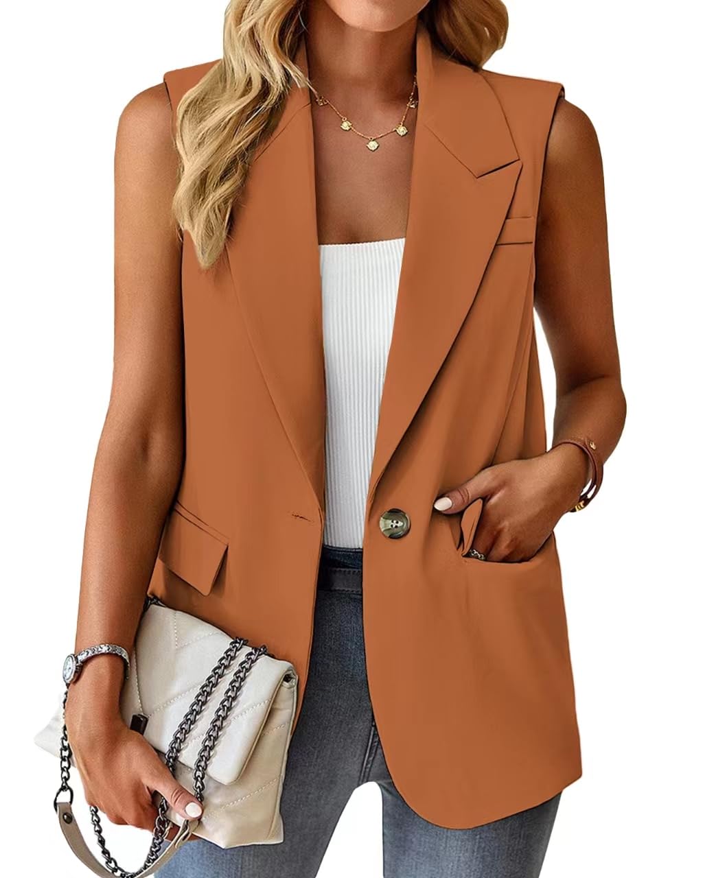 Foto 3 pulgar | Chaleco Blazer Mina Self Naranja Sin Mangas Para Mujer De Verano - Venta Internacional.