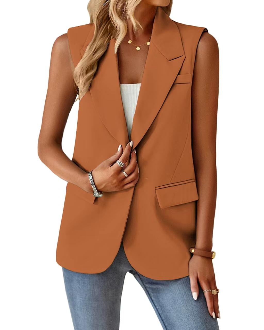 Foto 4 pulgar | Chaleco Blazer Mina Self Naranja Sin Mangas Para Mujer De Verano - Venta Internacional.