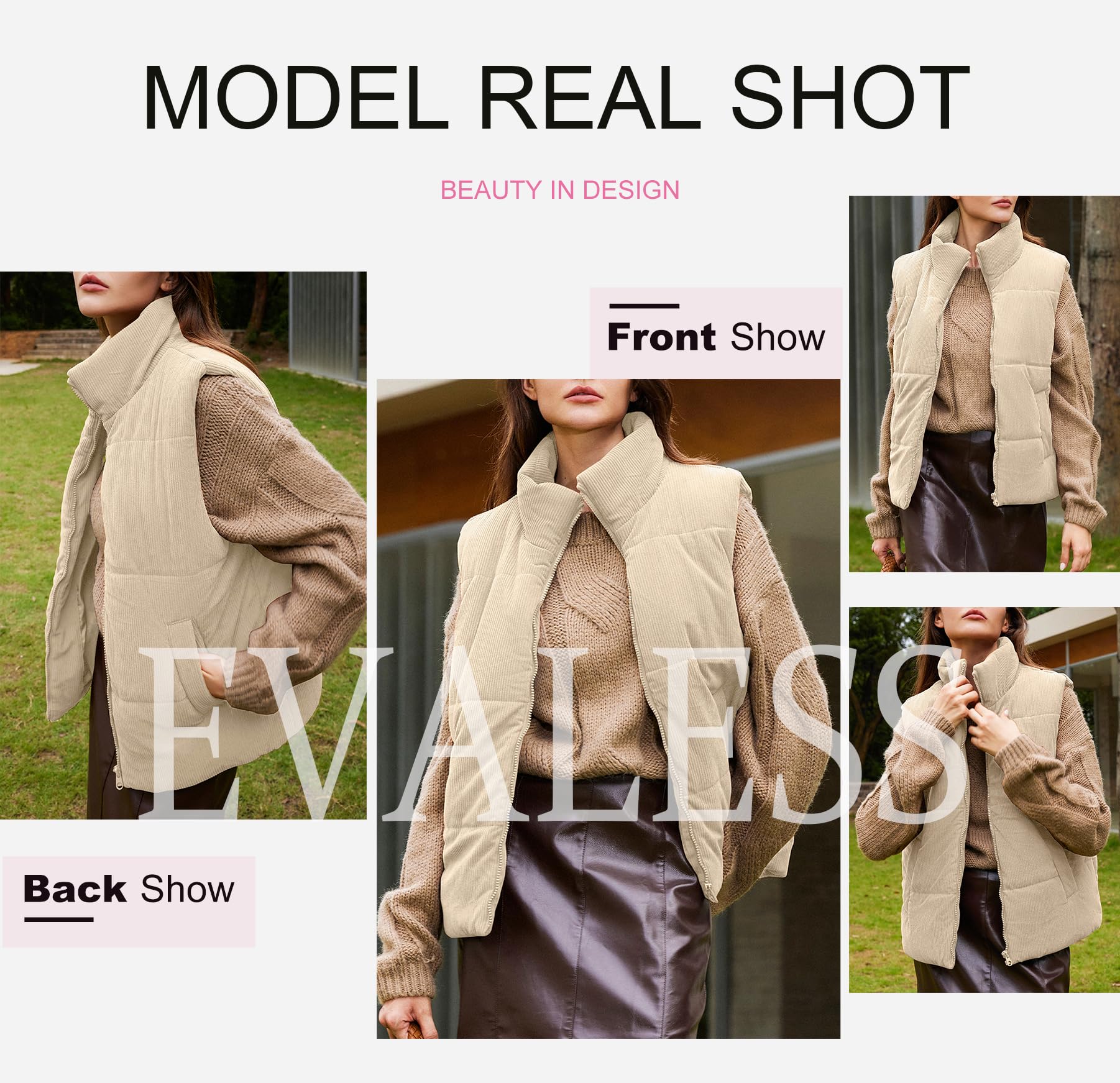 Foto 5 | Chaleco Acolchado Evaless, Moderno, Corto, Pana, Beige, Xxl - Venta Internacional.