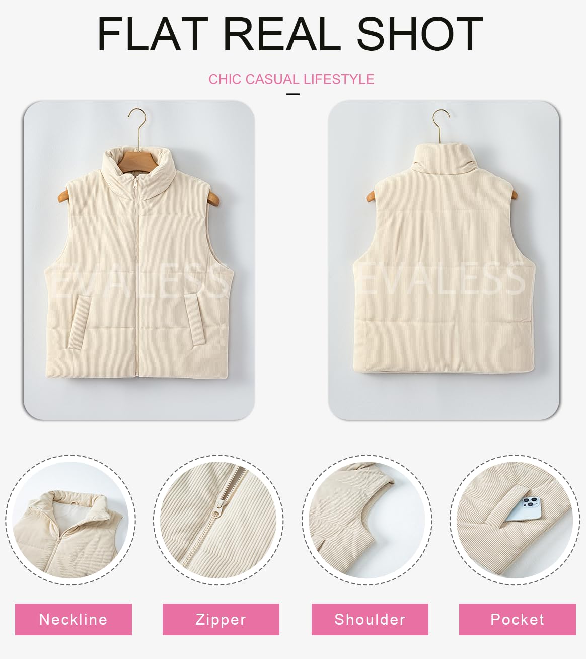 Foto 6 | Chaleco Acolchado Evaless, Moderno, Corto, Pana, Beige, Xxl - Venta Internacional.