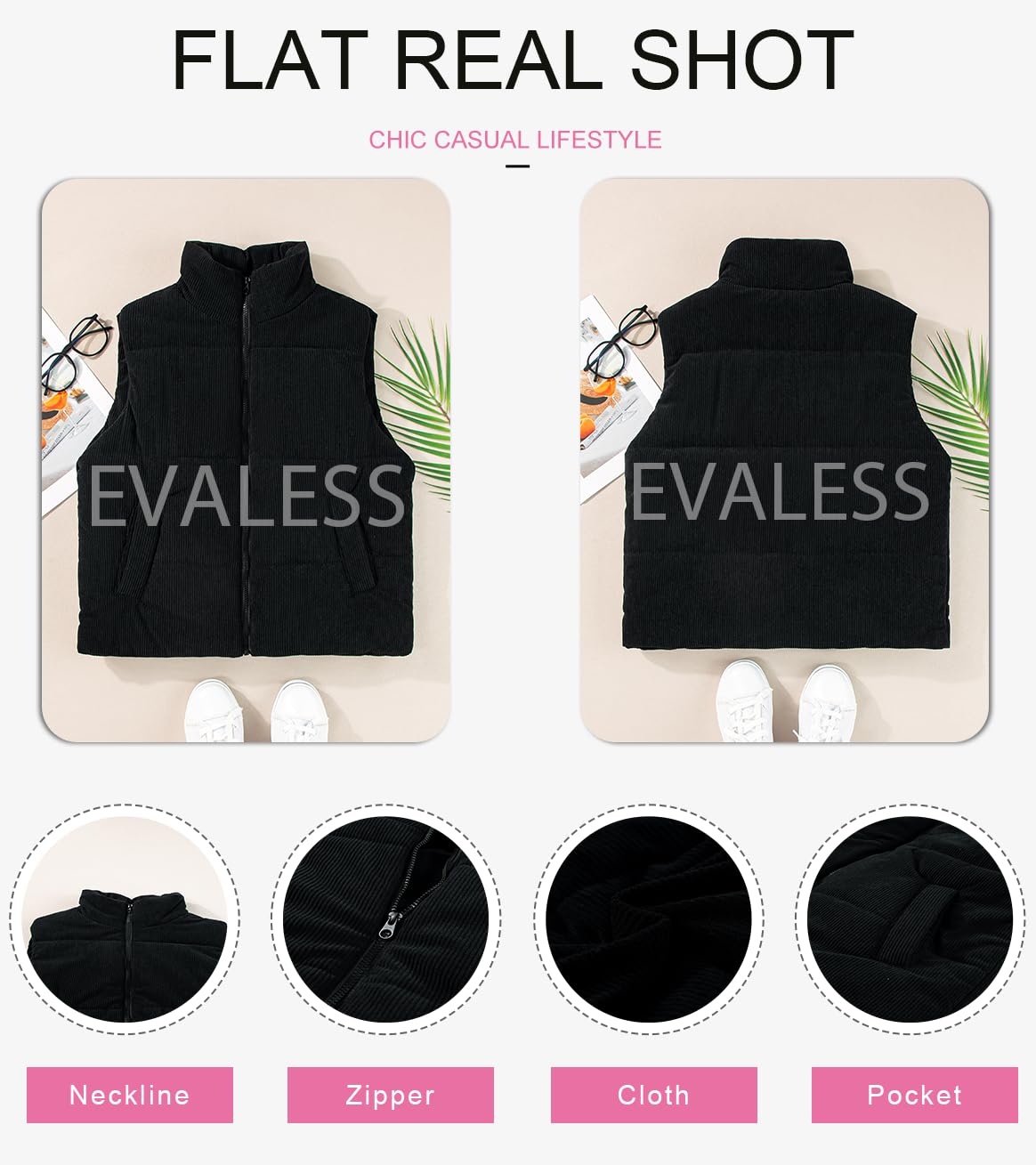 Foto 7 pulgar | Chaleco Acolchado Evaless De Pana Ligero Con Cuello Alto Para Mujer - Venta Internacional.