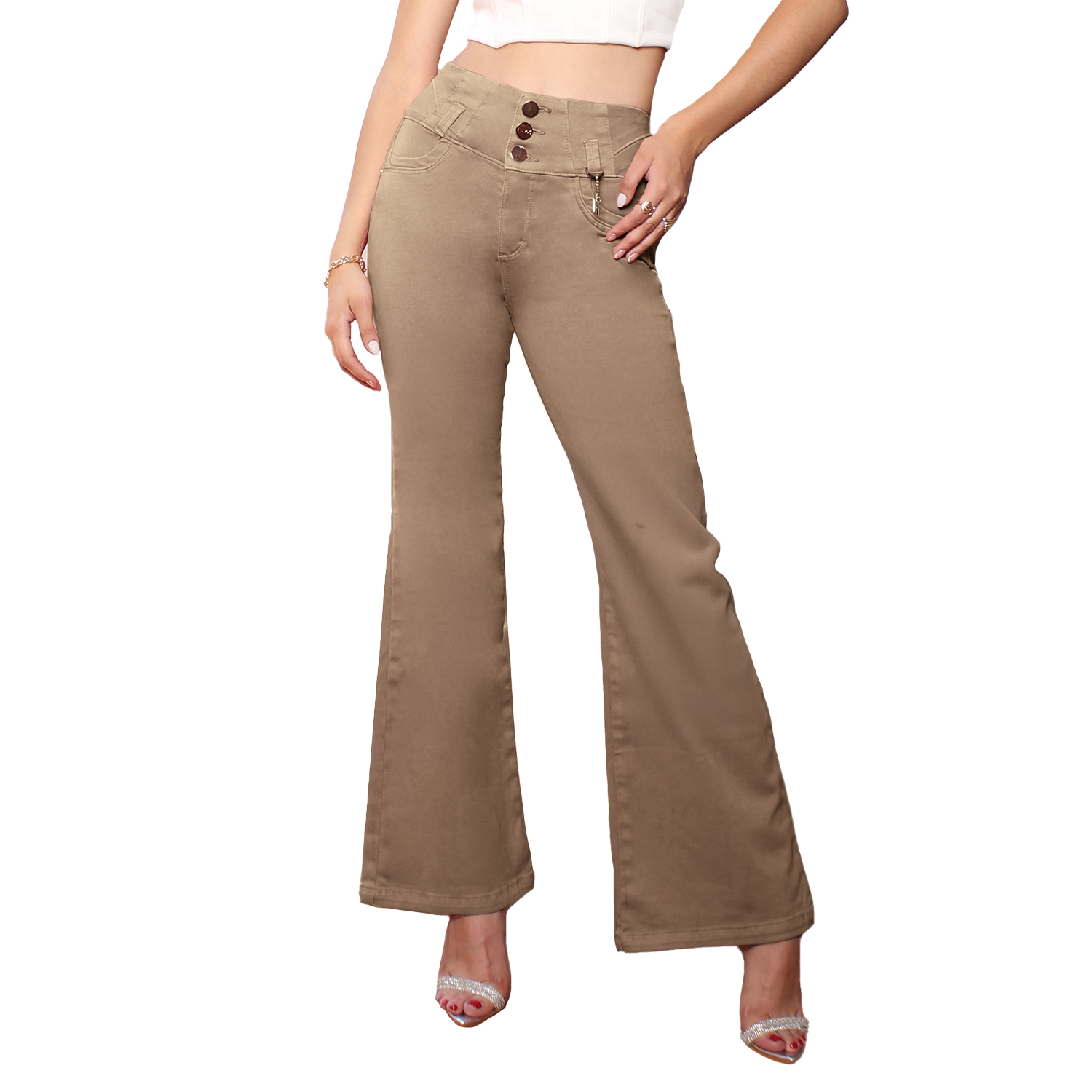 Foto 2 pulgar | Jeans Mujer Boot Cut Tiro Alto Café Stretch