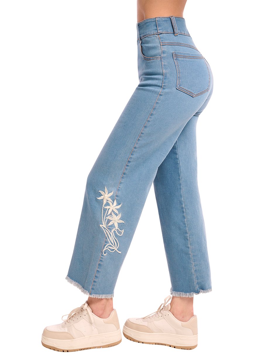 Jeans Devendi Azul Flare Bordados para Mujer