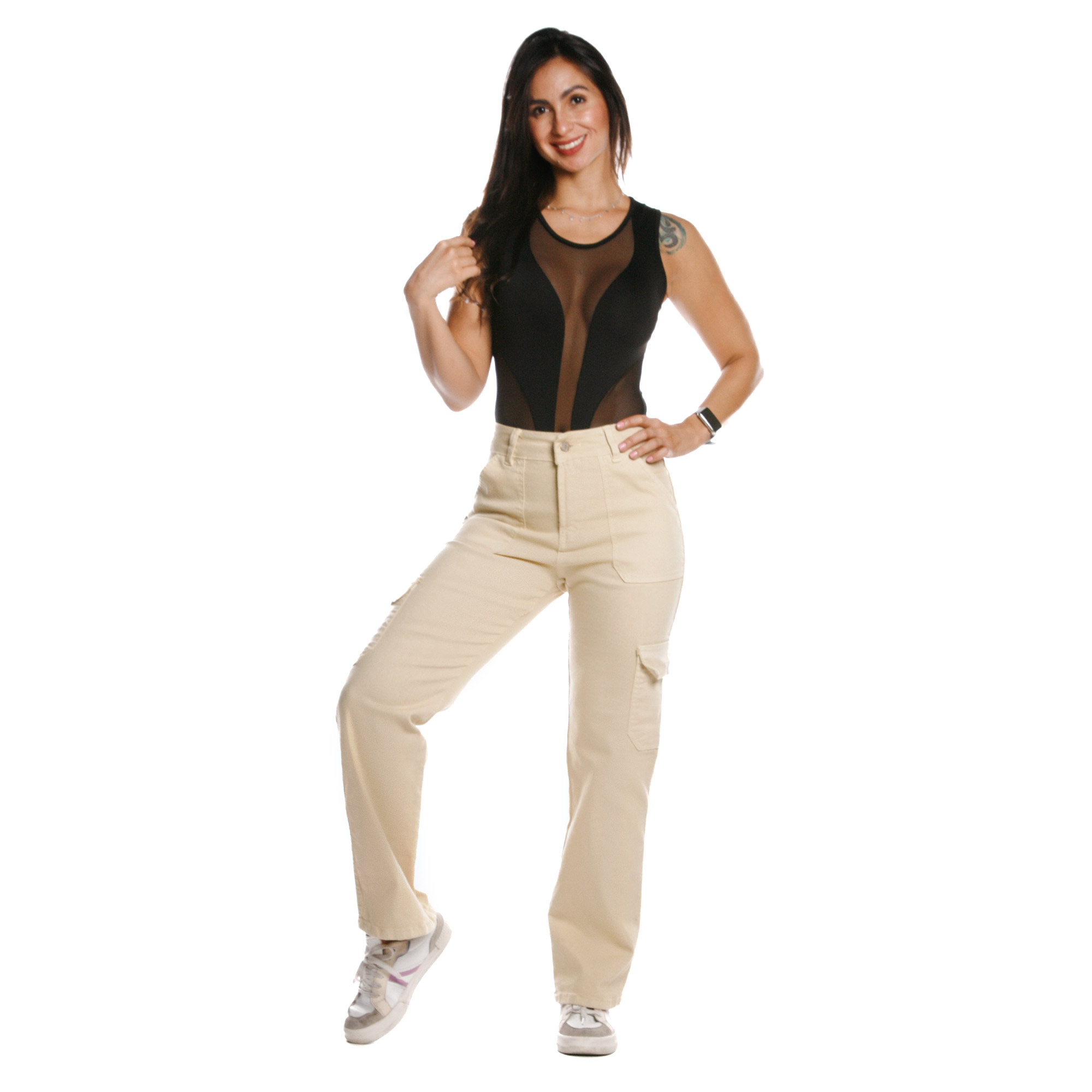 Foto 2 pulgar | Mom Jeans Cargo Pineda Jeans Tiro Alto Beige