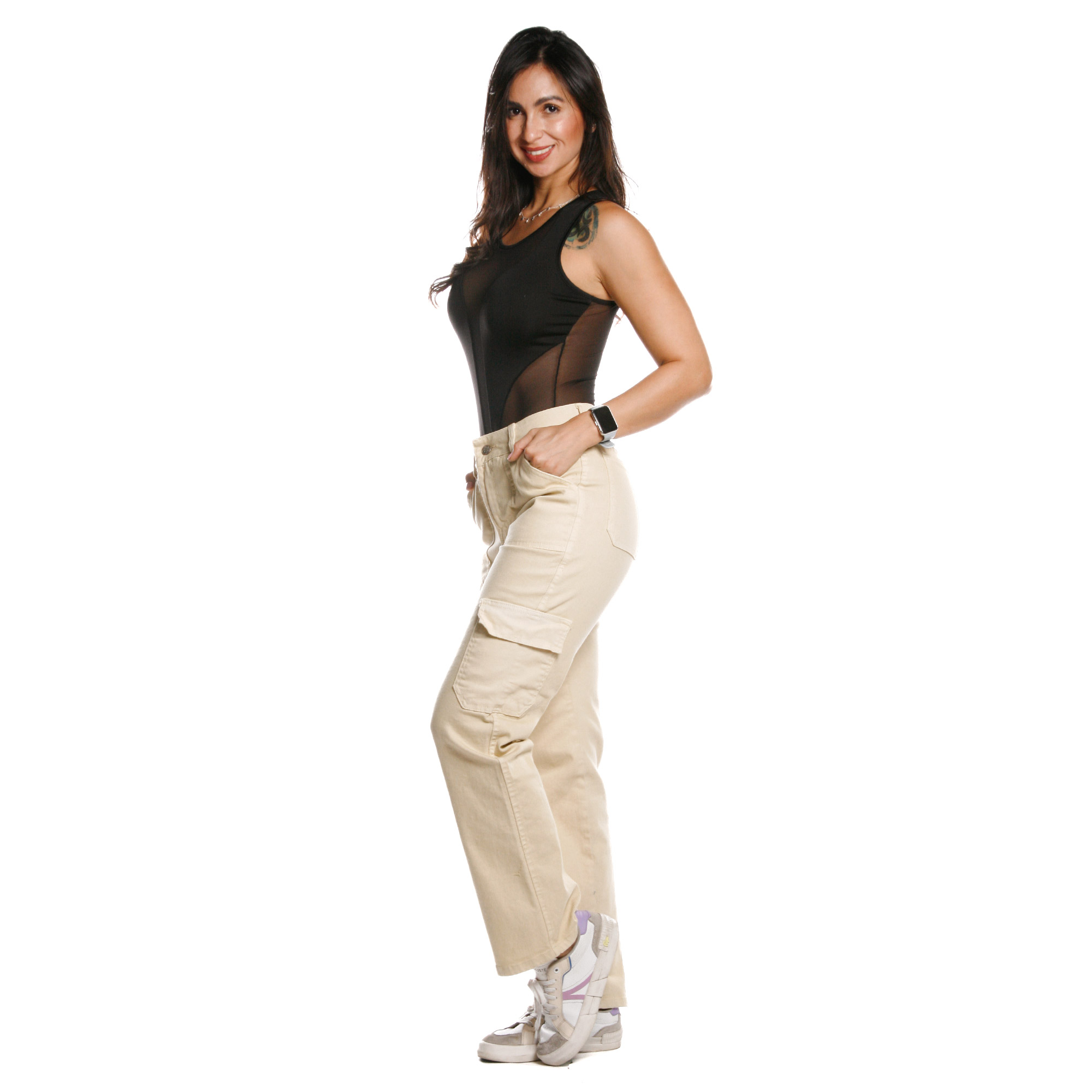 Foto 3 pulgar | Mom Jeans Cargo Pineda Jeans Tiro Alto Beige