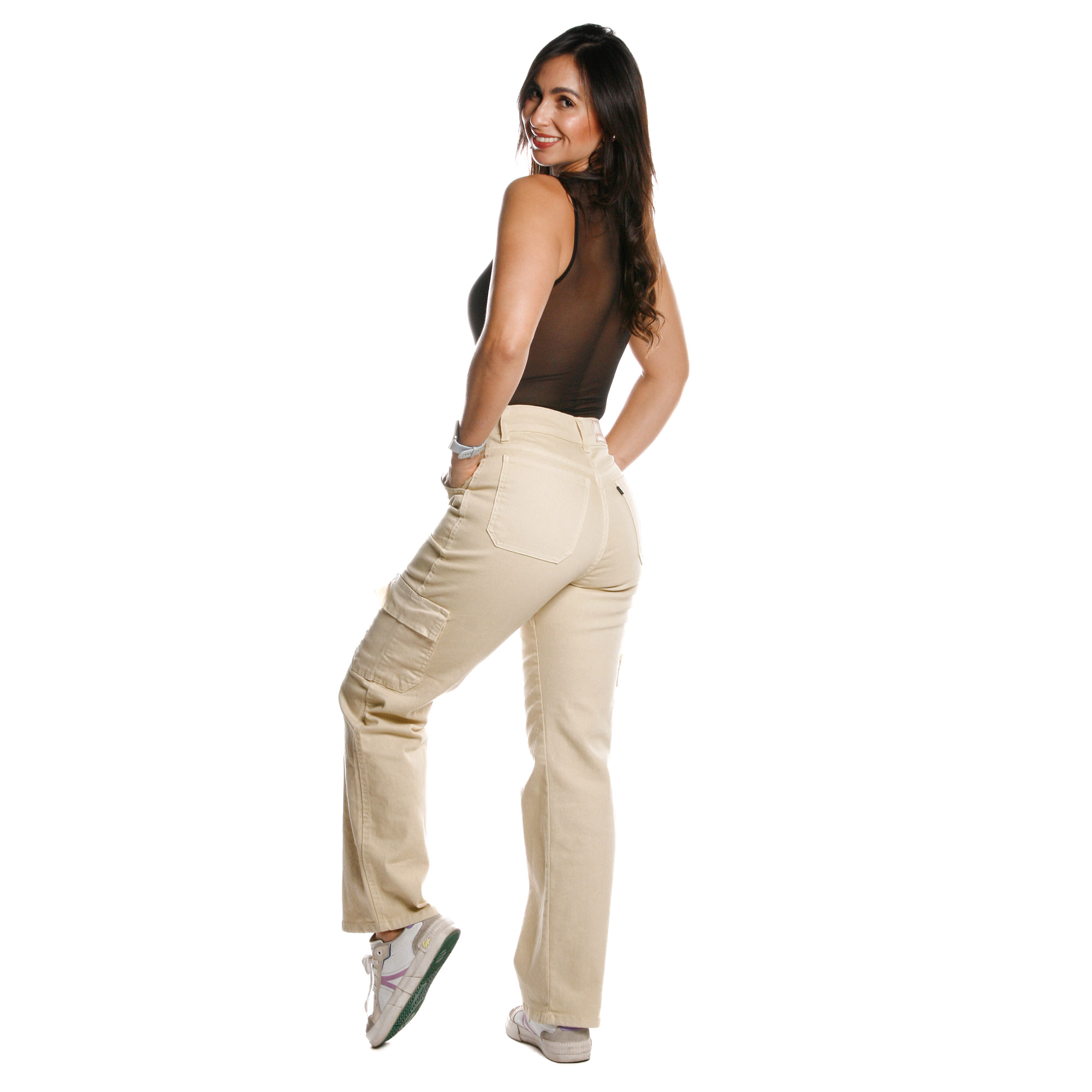 Foto 4 pulgar | Mom Jeans Cargo Pineda Jeans Tiro Alto Beige