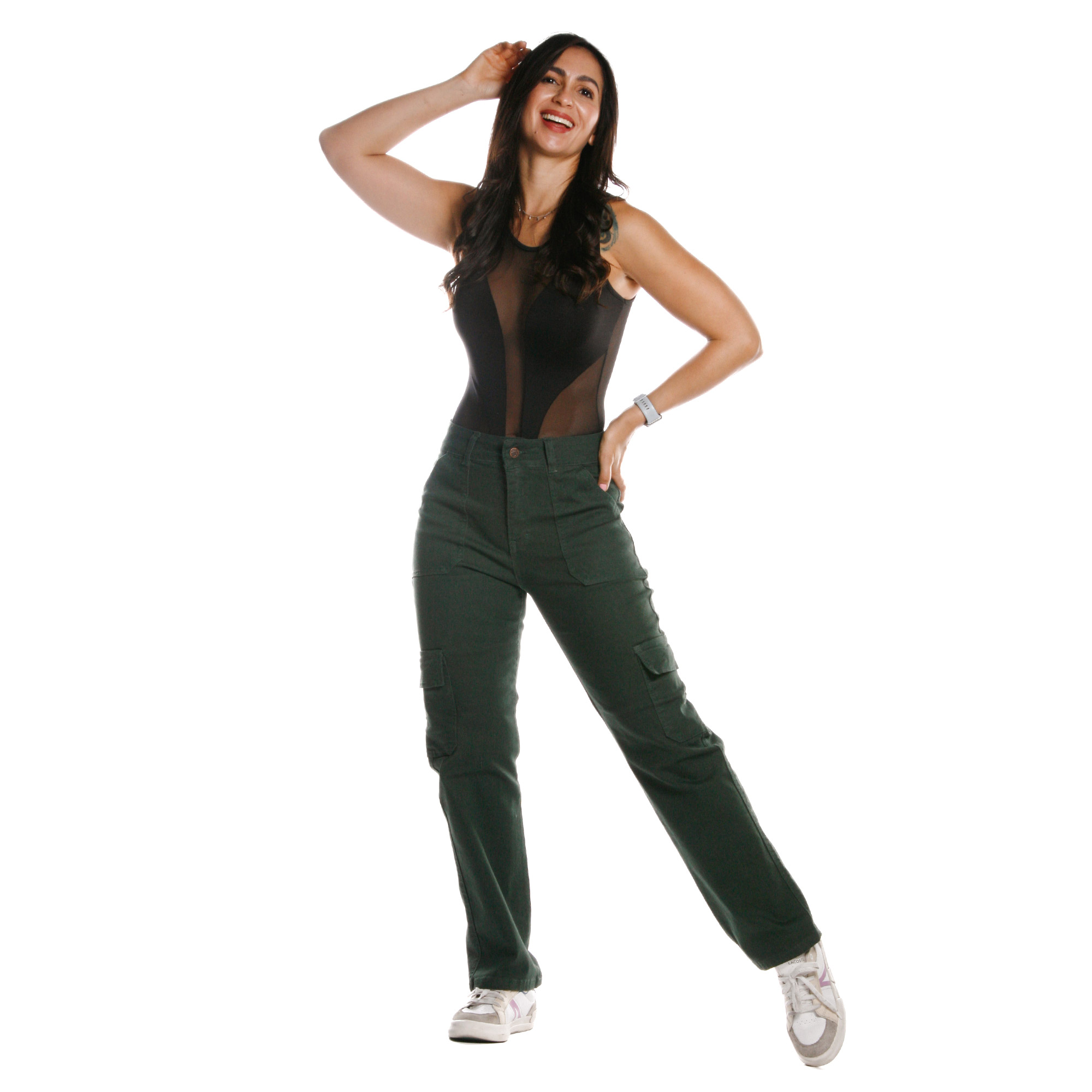 Pantalón de Mezclilla Mom Tiro Alto Cargo Pineda Jeans color Verde Olivo