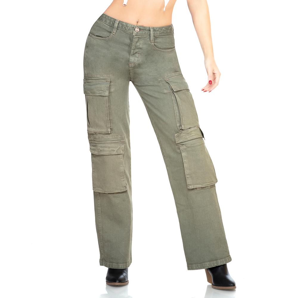 Jeans Tipo Cargo Cintura Media Y Corte Recto Ancho Verde Oscuro