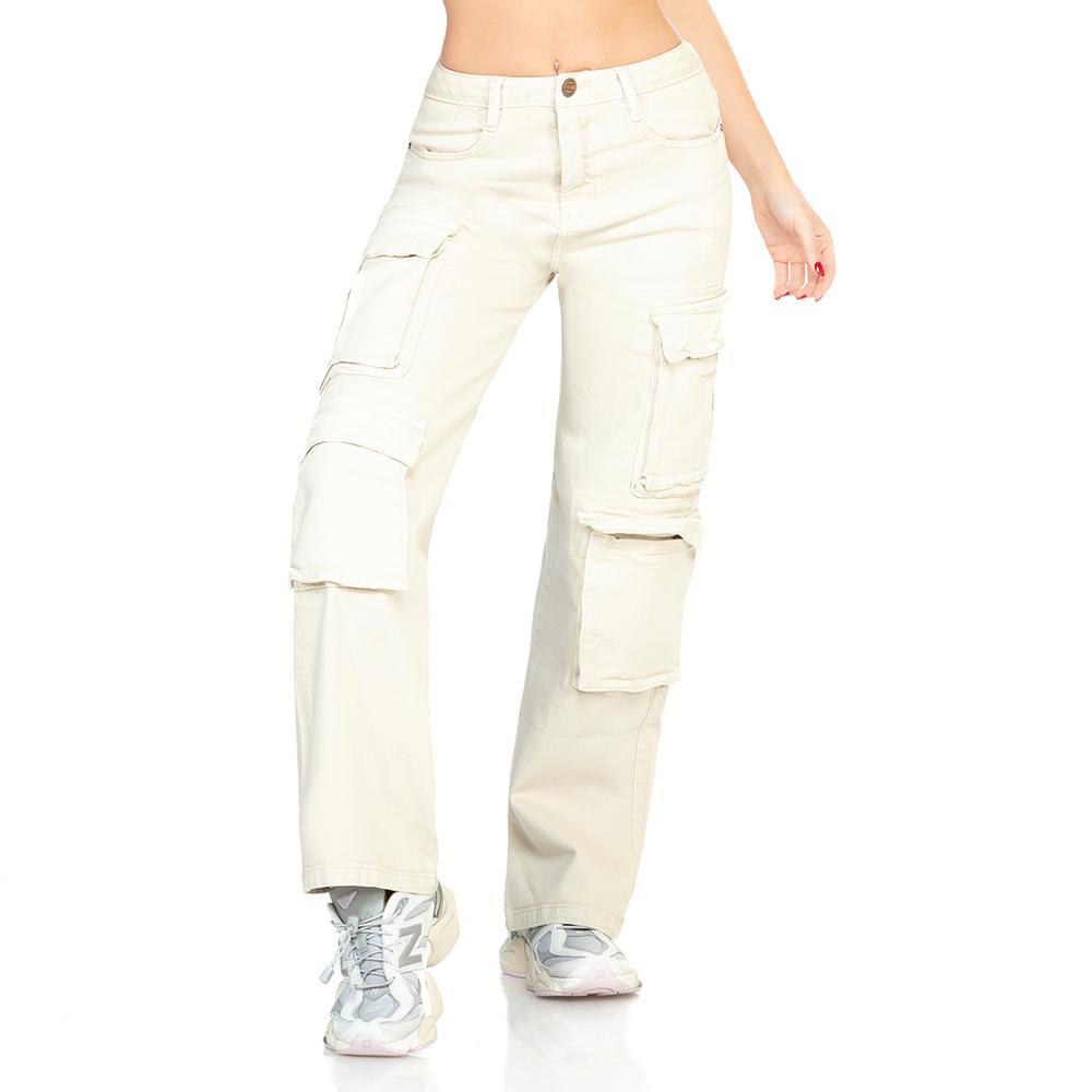 Jeans Tipo Cargo Cintura Media Y Corte Recto Ancho Beige