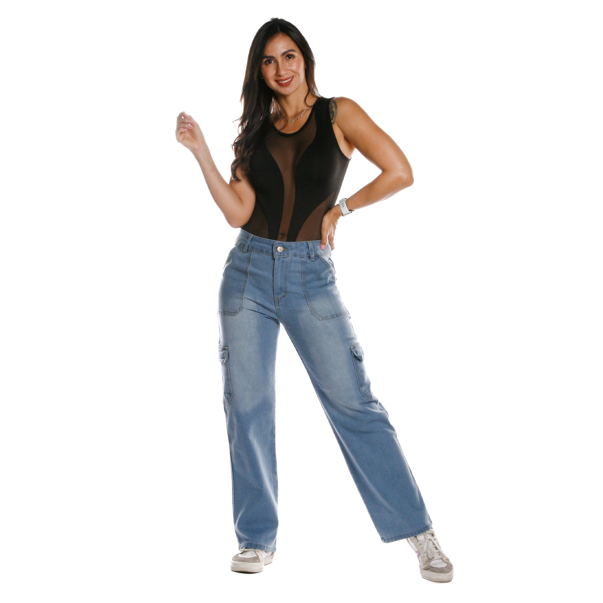 Foto 3 pulgar | Pantalón Mom Cargo De Mezclilla Para Mujer Corte Recto Tiro Alto Estilo Casual Azul Bleanch Pineda Jeans